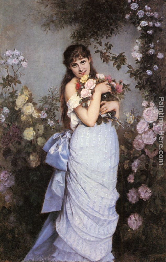 Auguste Toulmouche A Young Woman in a Rose Garden